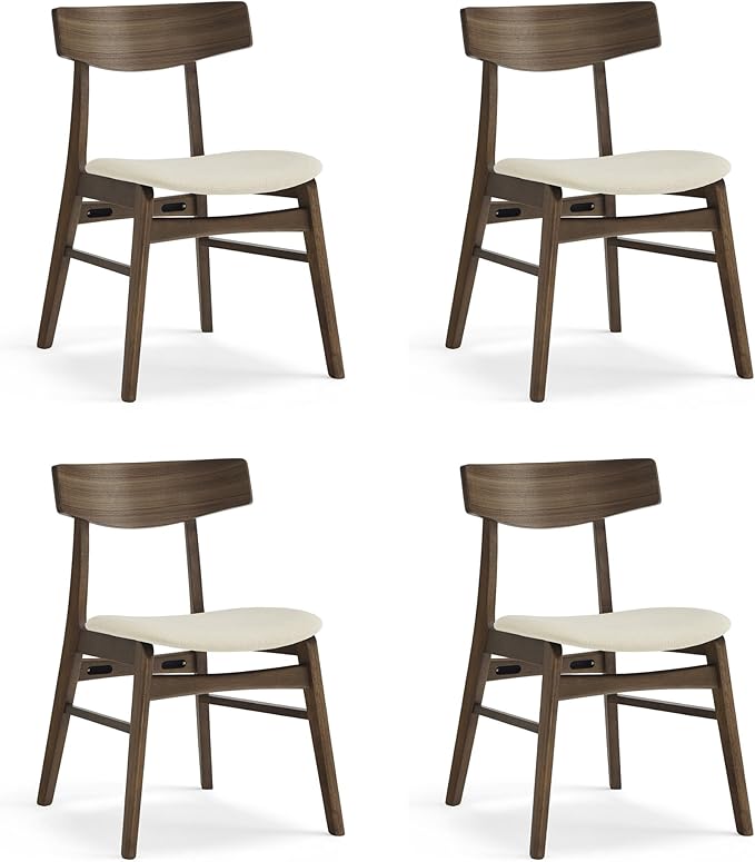 Wooden Dining Chairs Set of 4, Upholstered Modern Dining Room Chairs, Mid Century Oak Kitchen Chairs with Curved Wood Backrest for Kitchen, Restaurant, Farmhouse (Cream Fabric & Walnut Color)