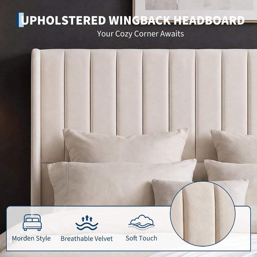 GarveeHome Queen Size Bed Frame with 52'' Tall Wingback Headboard