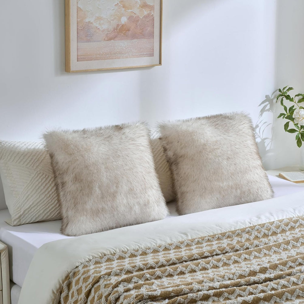 FUTEI Pack of 2 Faux Fox Fur Throw Pillow Covers 18x18 Inch, Coffee White
