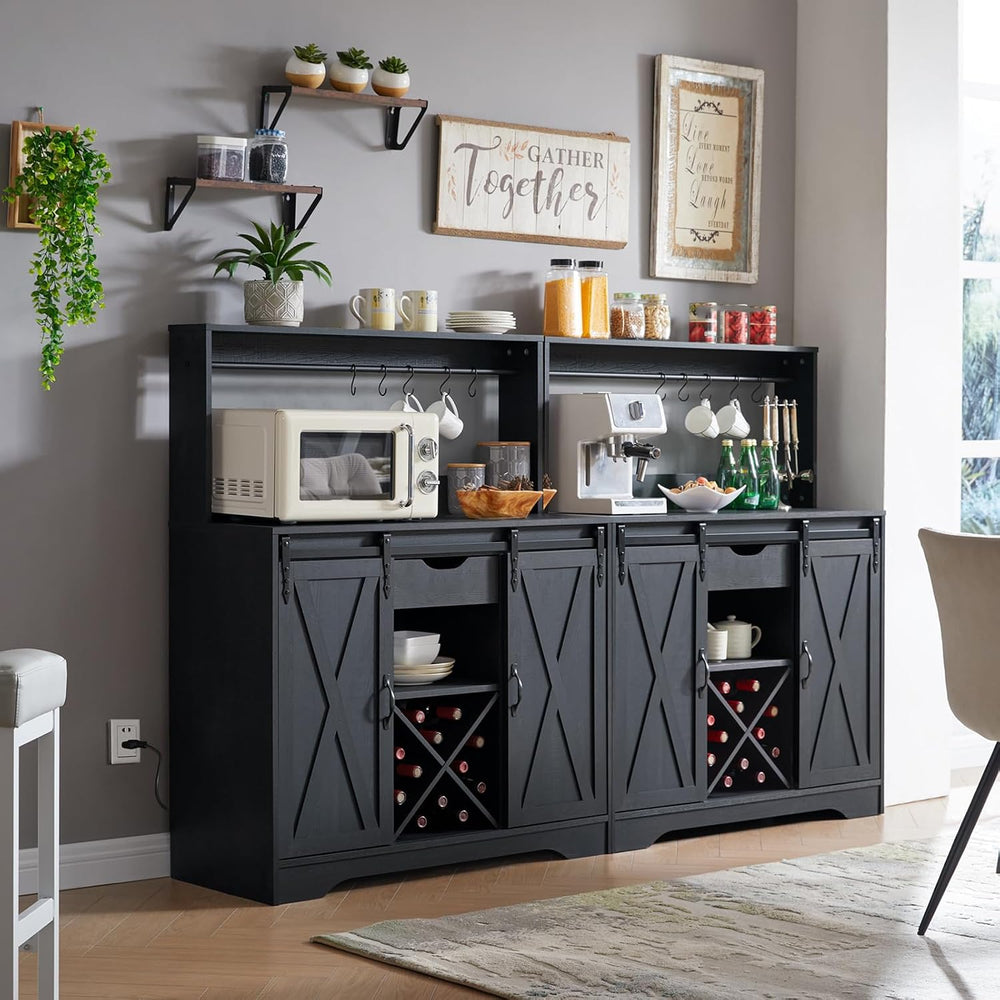 Wnutrees Farmhouse Coffee Bar Cabinet with Charging Station and USB, Black | ...