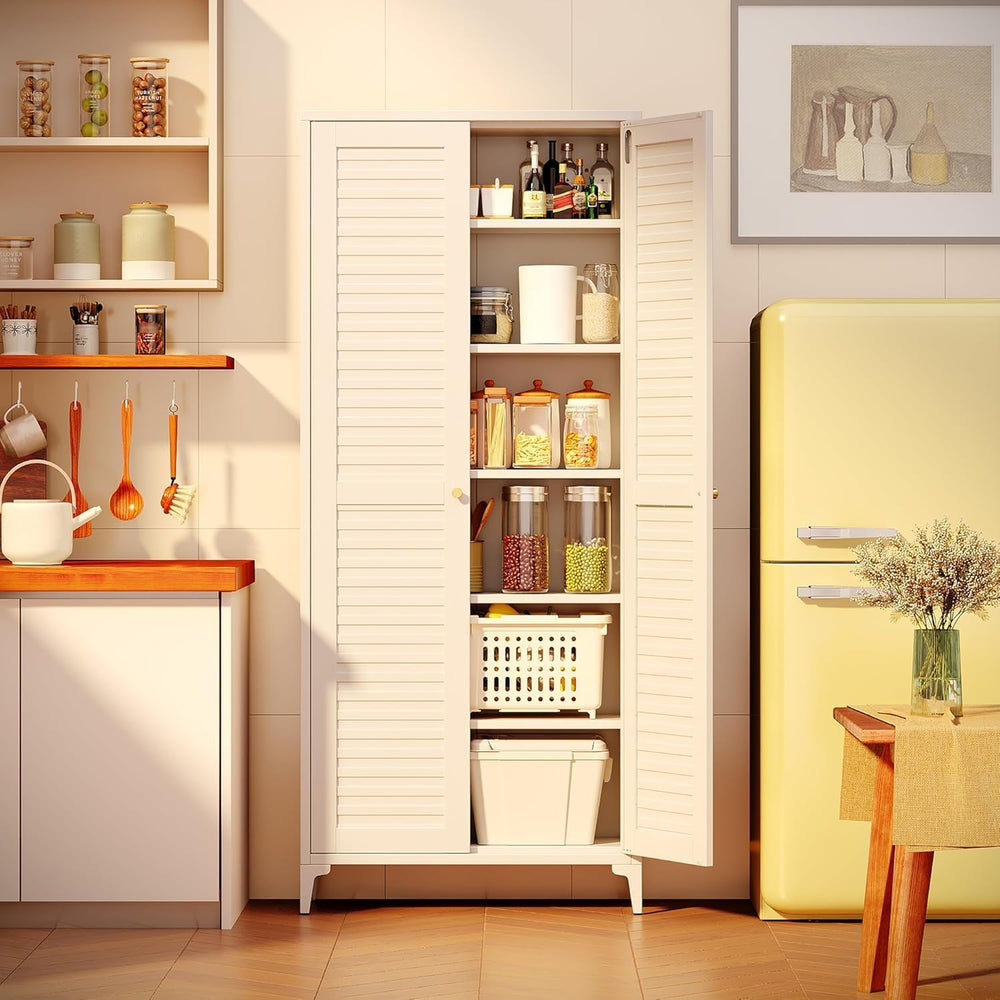 74" H Tall Kitchen Pantry Cabinet with Louvered Doors, Metal Storage Cab...