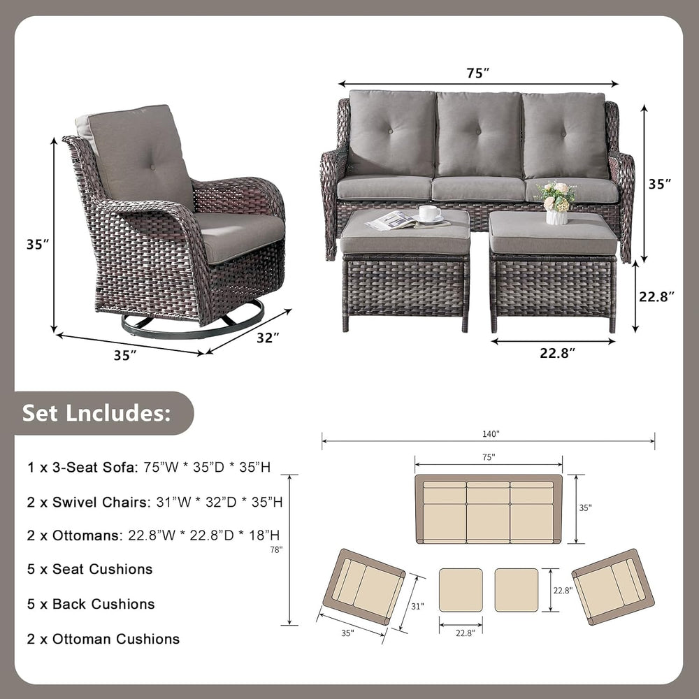5 Piece Outdoor Patio Furniture Set - Rattan Wicker Patio Conversation Sets w...