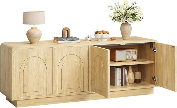Bestier 63" Mid Century Modern TV Stand for Living Room, Wood Media Console Cabinet for TVs up to 70", Entertainment Center with 4 Arched Doors, Hidden Storage & Adjustable Shelves, Natural Oak