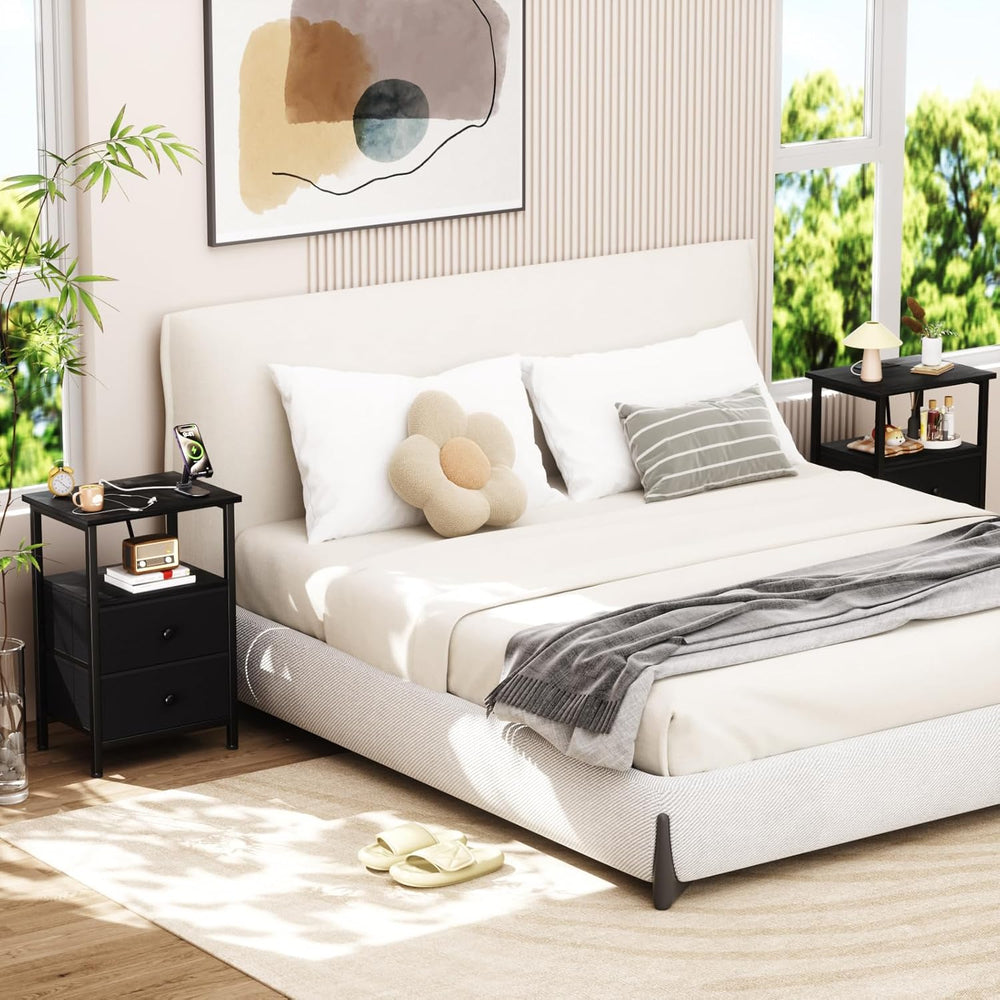 LOAKEKEL Night Stand, Small Nightstand with Charging Station | Bedside Table ...