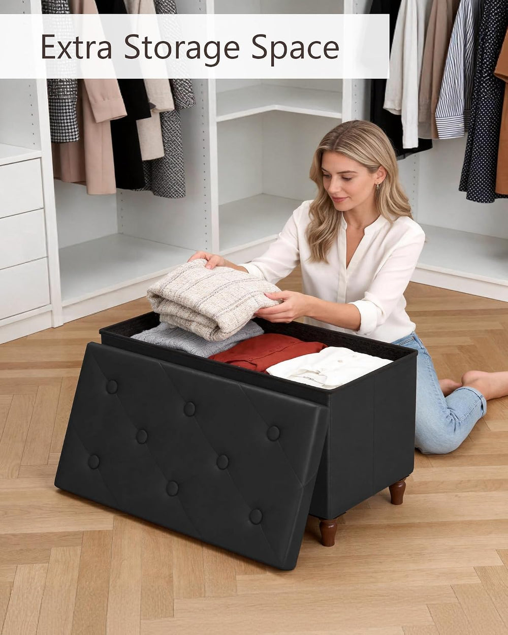 GLAXYFUR 30 Inches Ottoman with Storage, Folding Bench with Legs, Black | Fau...
