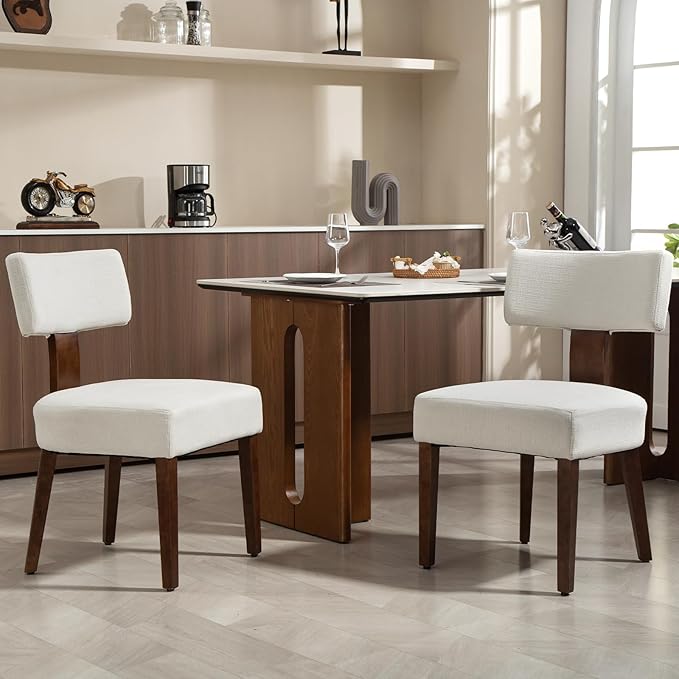 Dining Chairs Set of 2, Fabric Upholstered Wood Kitchen Chairs, Linen Curved Backrest Accent Chairs,Farmhouse Modern Dining Chairs with Foot Pad for Kitchen/Living Room/Restaurant/Cafe-Beige