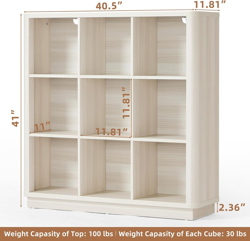 9 Cube Storage Book Shelf, 41" Tall Organizer Bookcase with Curved Edge, Wood Floor Standing 3-Tier Cubby Bookshelf with Base, Vintage Display Book Case for Bedroom, Office, White Cream Oak