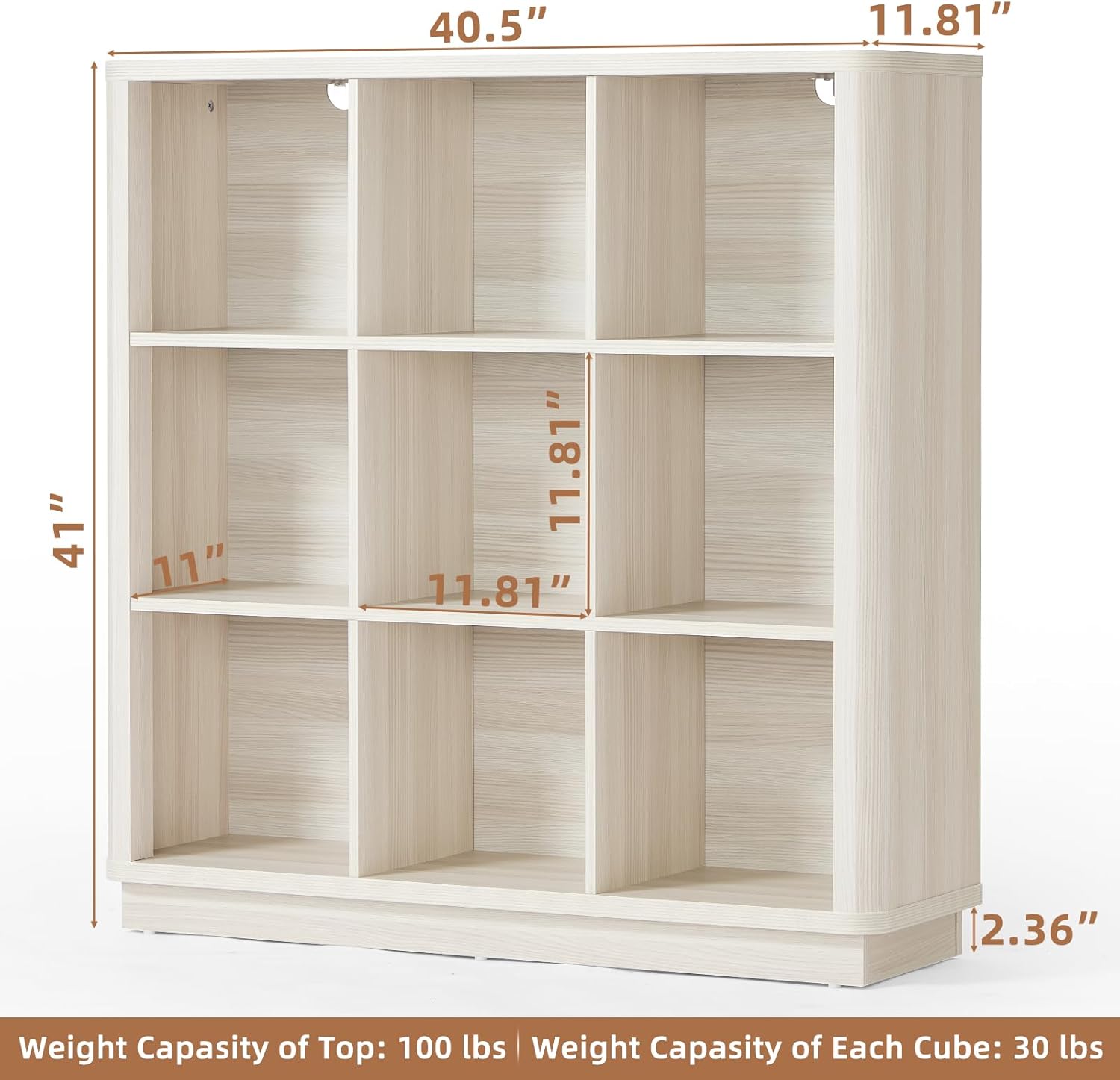 9 Cube Storage Book Shelf, 41" Tall Organizer Bookcase with Curved Edge, Wood Floor Standing 3-Tier Cubby Bookshelf with Base, Vintage Display Book Case for Bedroom, Office, White Cream Oak