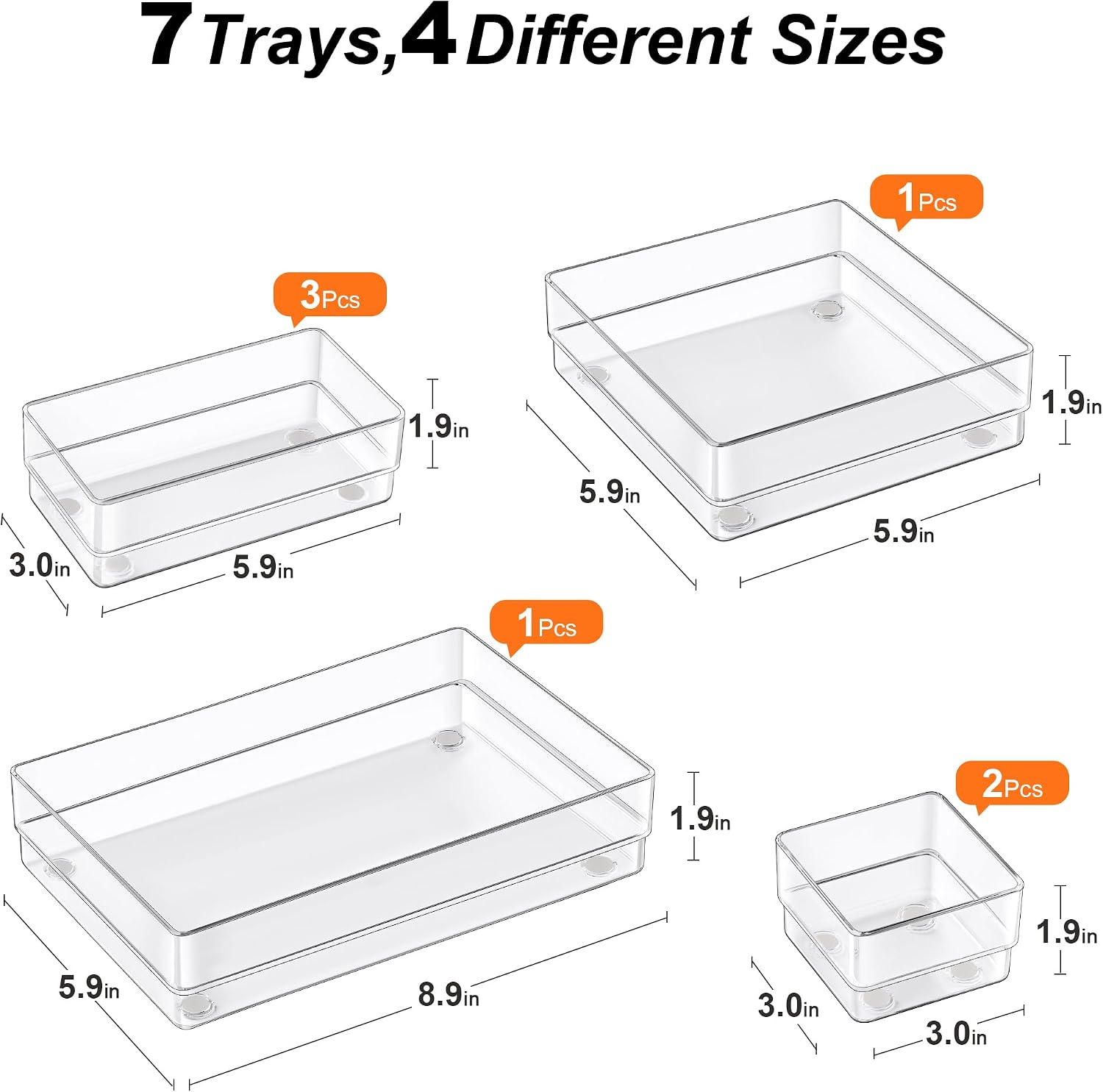 SMARTAKE 7 PCS Drawer Organizer, 4-Size Desk Drawer Organizer Trays | Storage Tray with Non-Slip Silicone Pads for Makeup, Jewelries, Utensils in Bedroom Dresser, Office and Kitchen (Clear)