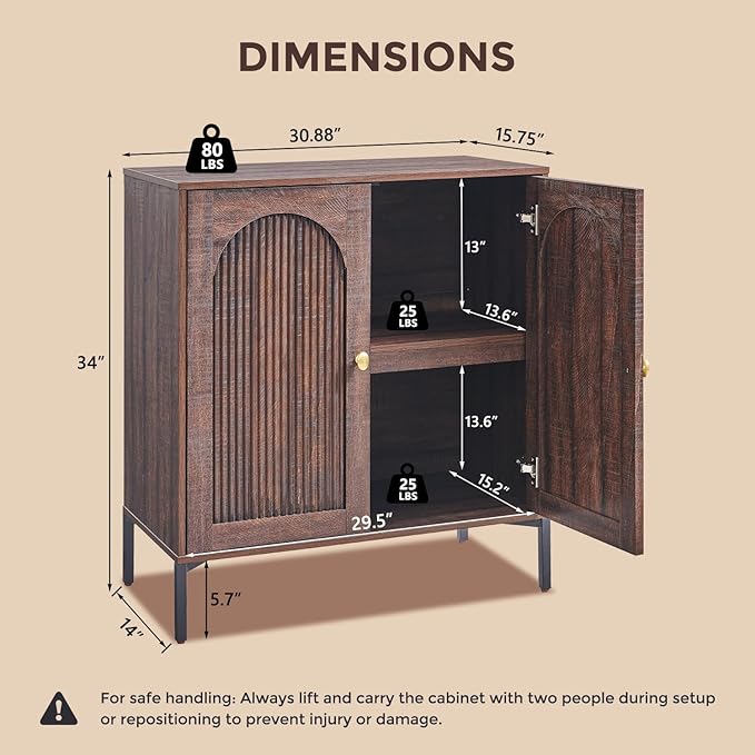 Modern TV Stands for 65 Inch TVs, 34" Tall Wood Entertainment Center w/Adjustable Shelves, Mid Century Modern TV Stand w/Arched Fluted Doors, Media Console Cabinet for Living Room, Brown