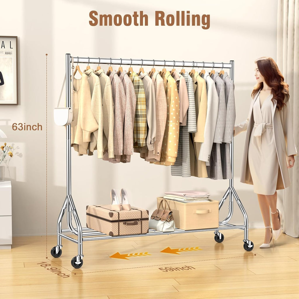 EAGMAK Heavy Duty Clothes Rack Load 420 LBS, Rolling Garment Rack with Lockable Wheels, Standing Metal Clothing Rack, Portable Wardrobe Sturdy Coat Rack for Hanging Clothes (Silver, 59″×18.9″×63″)