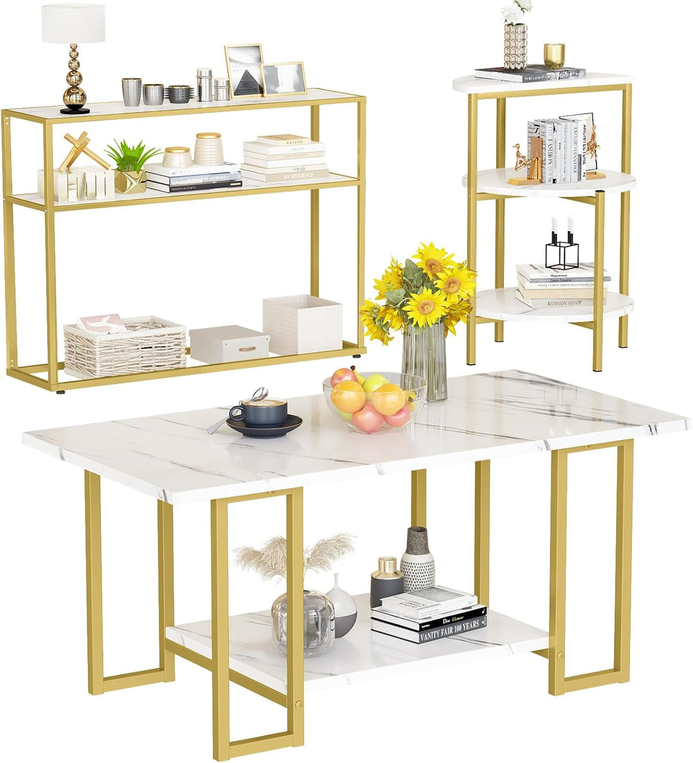 AWQM Coffee Table Set, Faux Marble Table & 2 Side Table, White&Gold |...