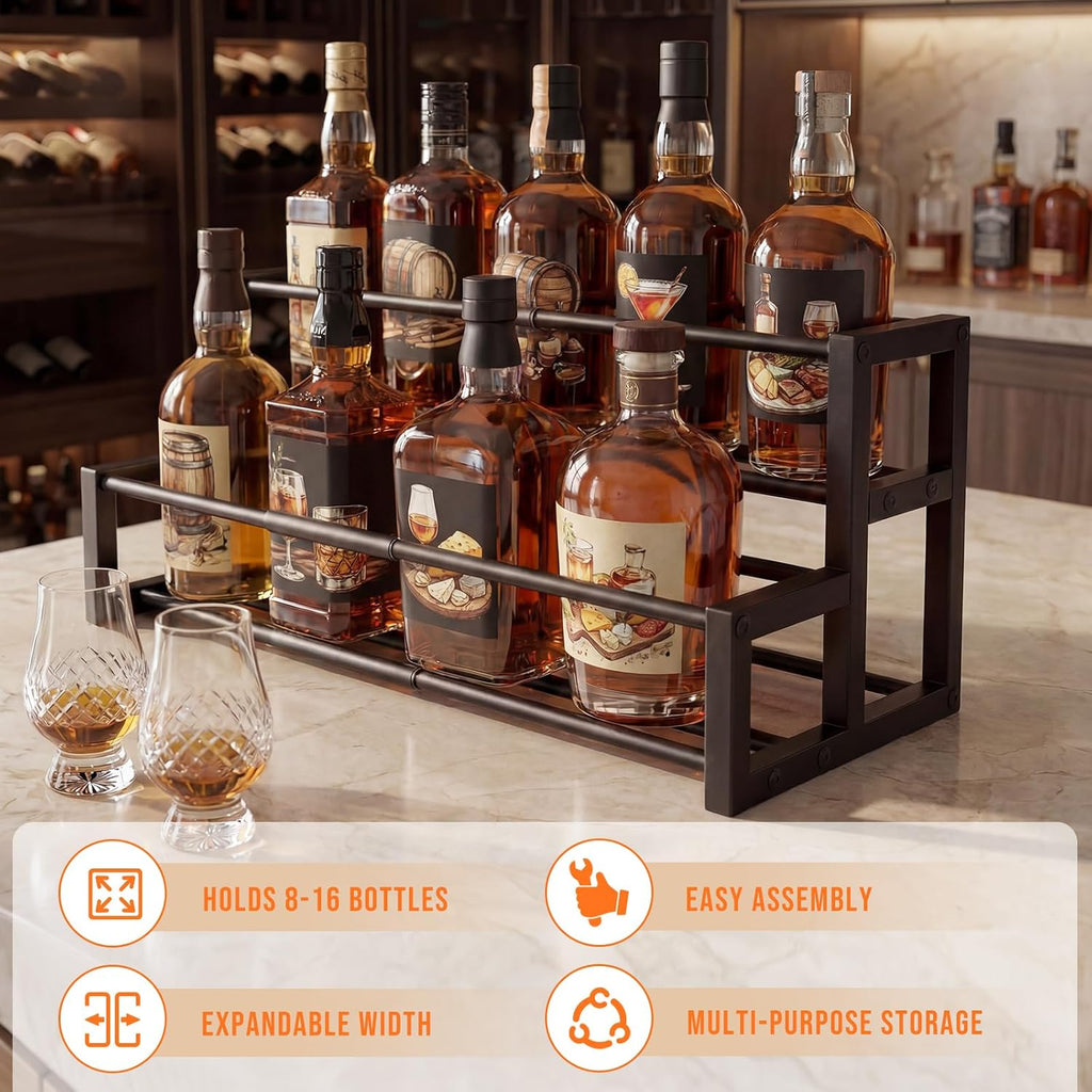 Large Expandable Coffee Syrup Organizer, Syrup Rack for 8-16 Bottles | 17.5 to 29 Inch Adjustable Width, Heavy-Duty Metal Syrup Stand, Countertop Coffee Bar Organizer for Kitchen, Cafe & Home Bar