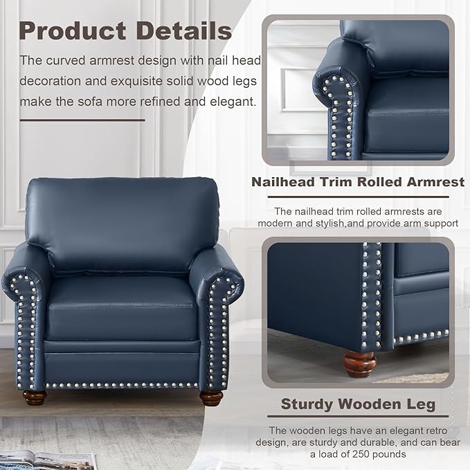 Faux Leather Accent Chair,35" W Upholstered Mid Century Modern Armchair with Rivet Rolled Arm,Deep Seat Comfy Single Sofa Chair for Living Room,Bedroom,Apartment,Office(Navy)