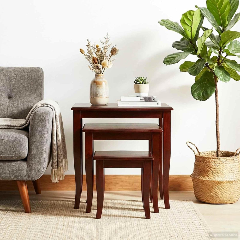 Nesting Side Tables 3 Pieces Solid Mahogany Wood | Space Saving Set, Easy Cle...