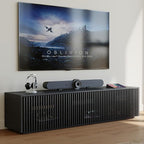 POVISON Full Assembled Mid Century Modern TV Stand, Black Entertainment Center for 65 inch TV, Wood Slatted Media Console with Storage, Low TV Cabinets for Living Room Bedroom, Oak Veneer