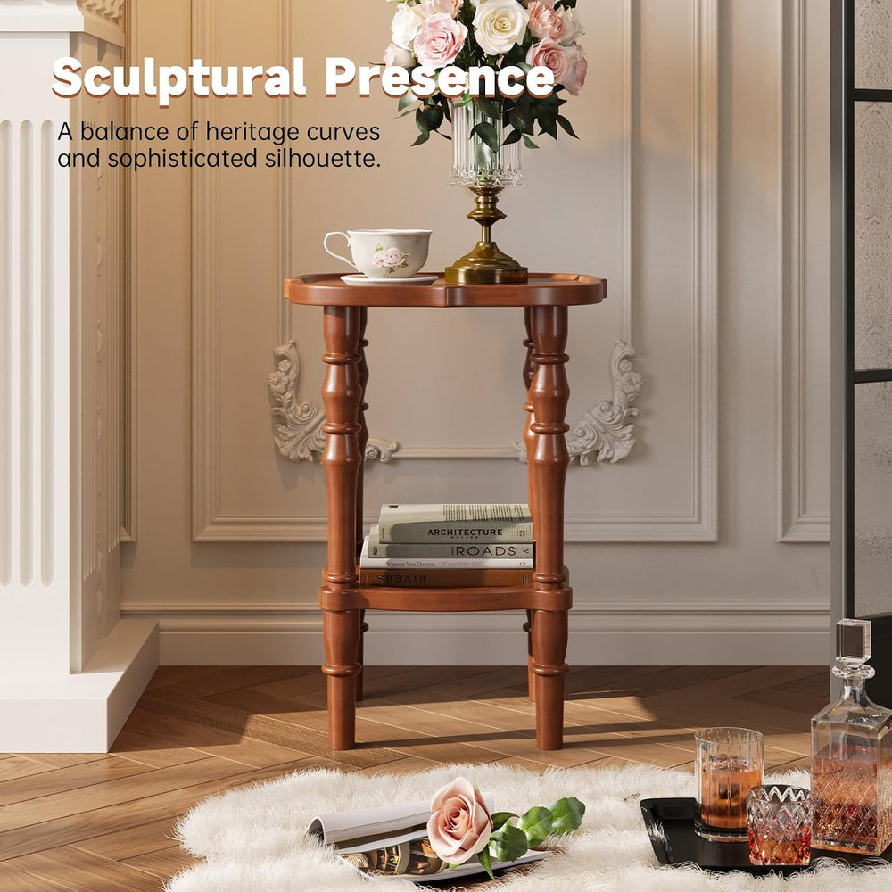100% Solid Wood Side Table, Vintage 2-Tier Small Round End Table, Nightstand ...