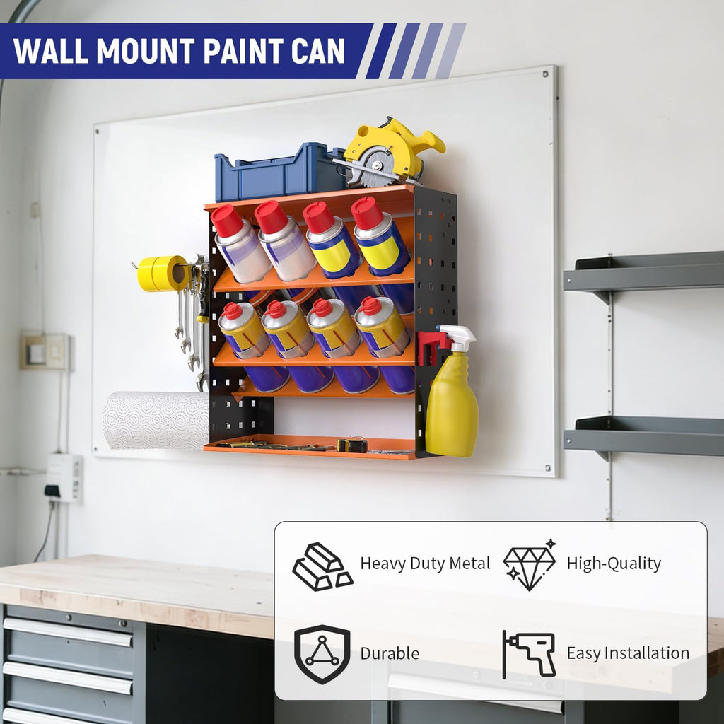 Wall Mount Spray Can Holder, Aerosol Spray Bottle Holder Storage Rack, Heavy-Duty Paint Bottle Organizer with 8 Can Holes & 4 Steel Hooks, 4 Plastic Hooks for Garage, Shop, Home or Tool Trailer