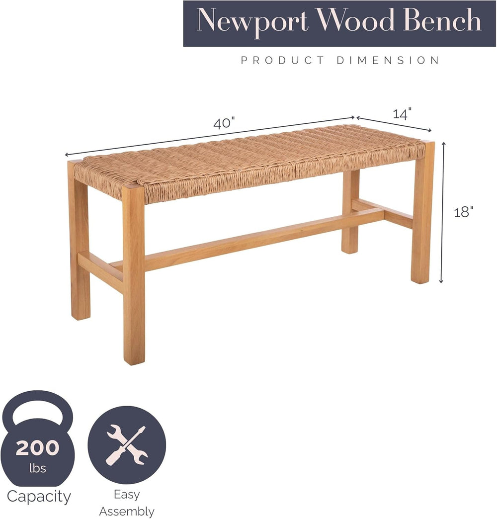 Alaterre Newport Solid Wood Entryway Bench with Woven Rope Seat, Light | 40” ...