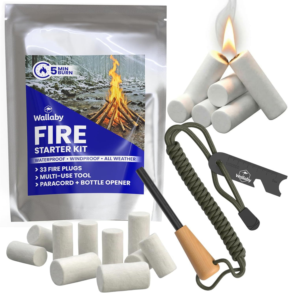 Wallaby Waterproof Emergency Fire Starter Kit & Flint Rod Striker (33-pack)