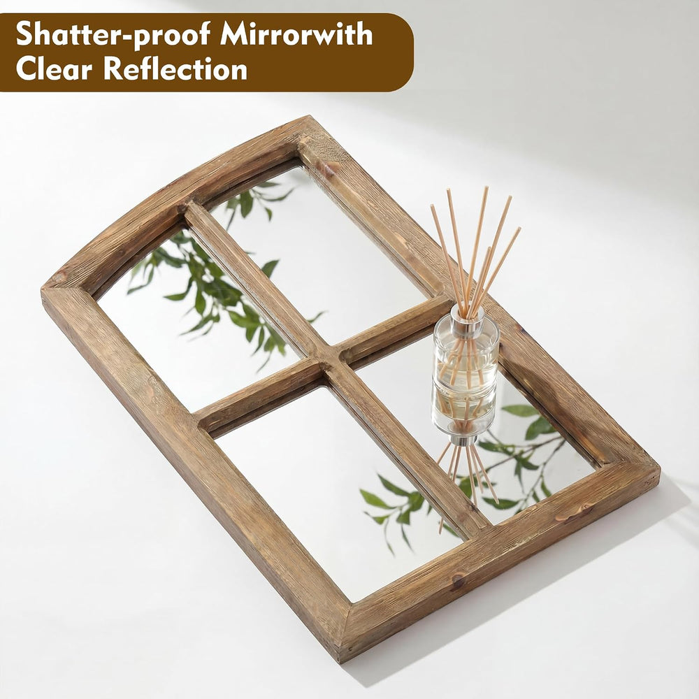Farmhouse Arched Window Wall Mirrors with Rustic Wood Frame