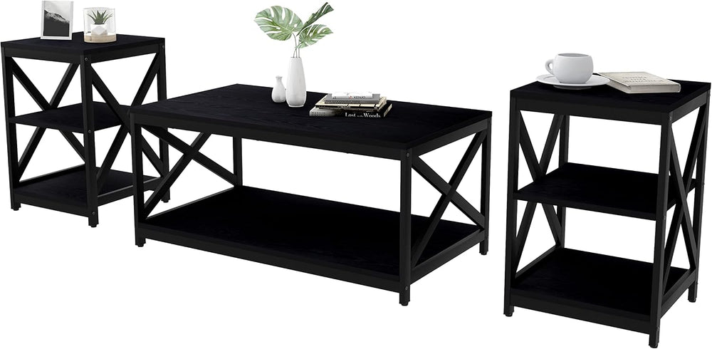 Bigbiglife Living Room Coffee Table Set of 3, Industrial X-Design Coffee Tabl...