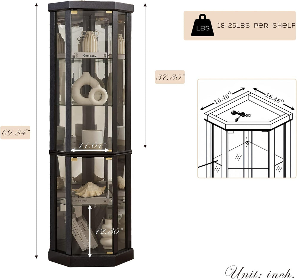 Corner Curio Cabinet, 70" H Lighted Glass Display Cage with Tempered Gla...