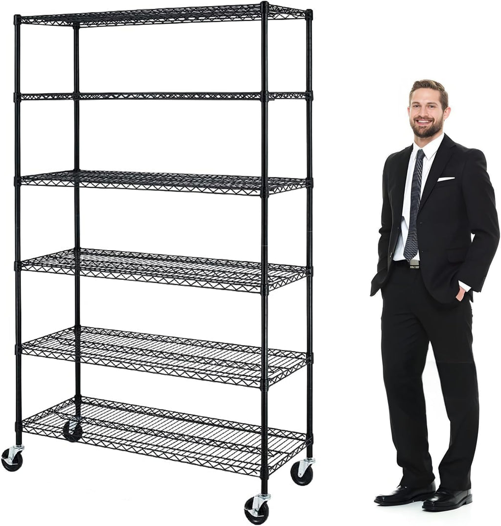 6 Tier Metal Shelving 6000Lbs Capacity Storage Shelves Heavy Duty Shelving Unit NSF Certified with Wheels and Adjustable Feets Commercial Grade Utility Shelf, 48"x 18"x 76" Wire Rack, Black