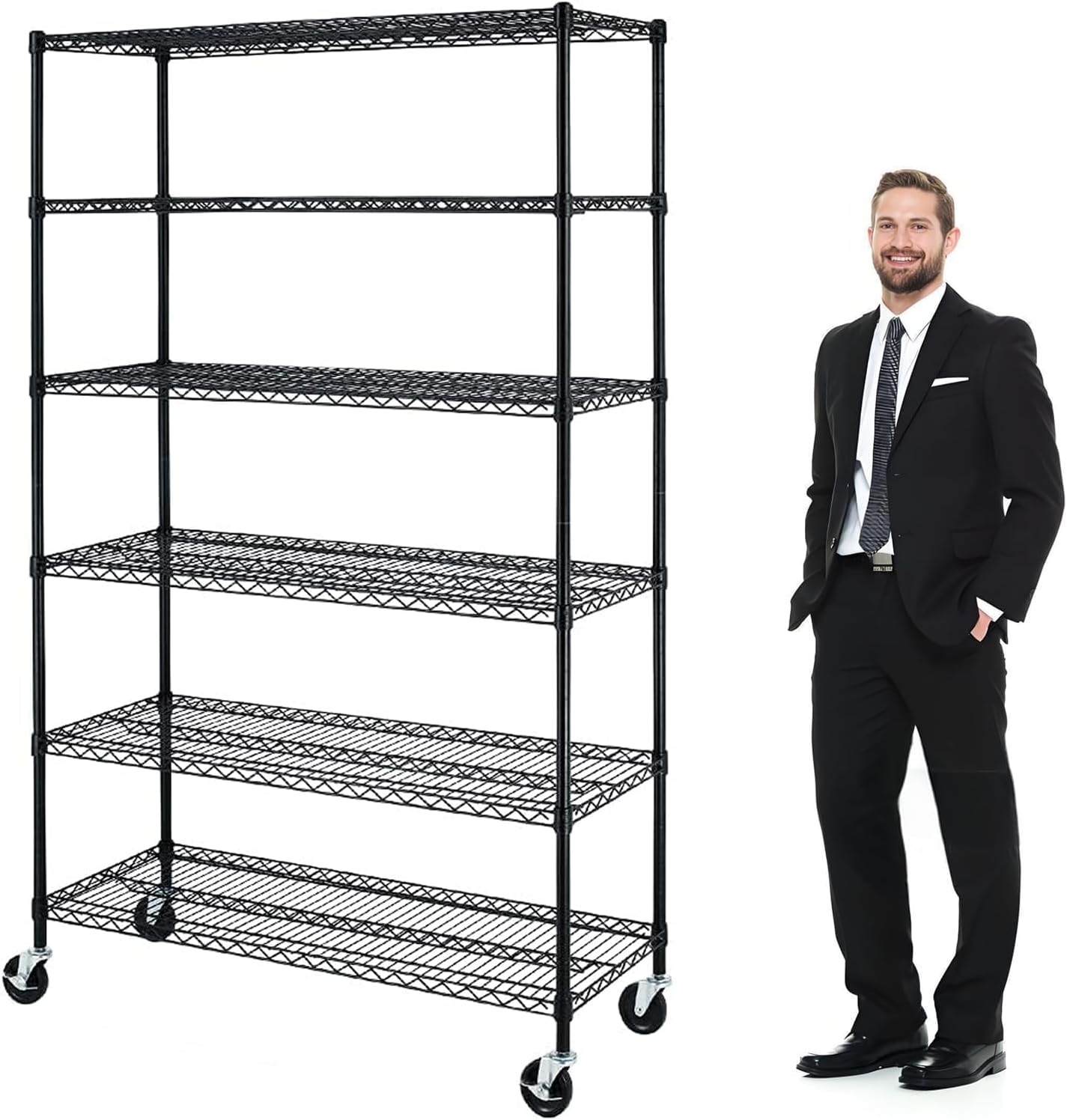 6 Tier Metal Shelving 6000Lbs Capacity Storage Shelves Heavy Duty Shelving Unit NSF Certified with Wheels and Adjustable Feets Commercial Grade Utility Shelf, 48"x 18"x 76" Wire Rack, Black