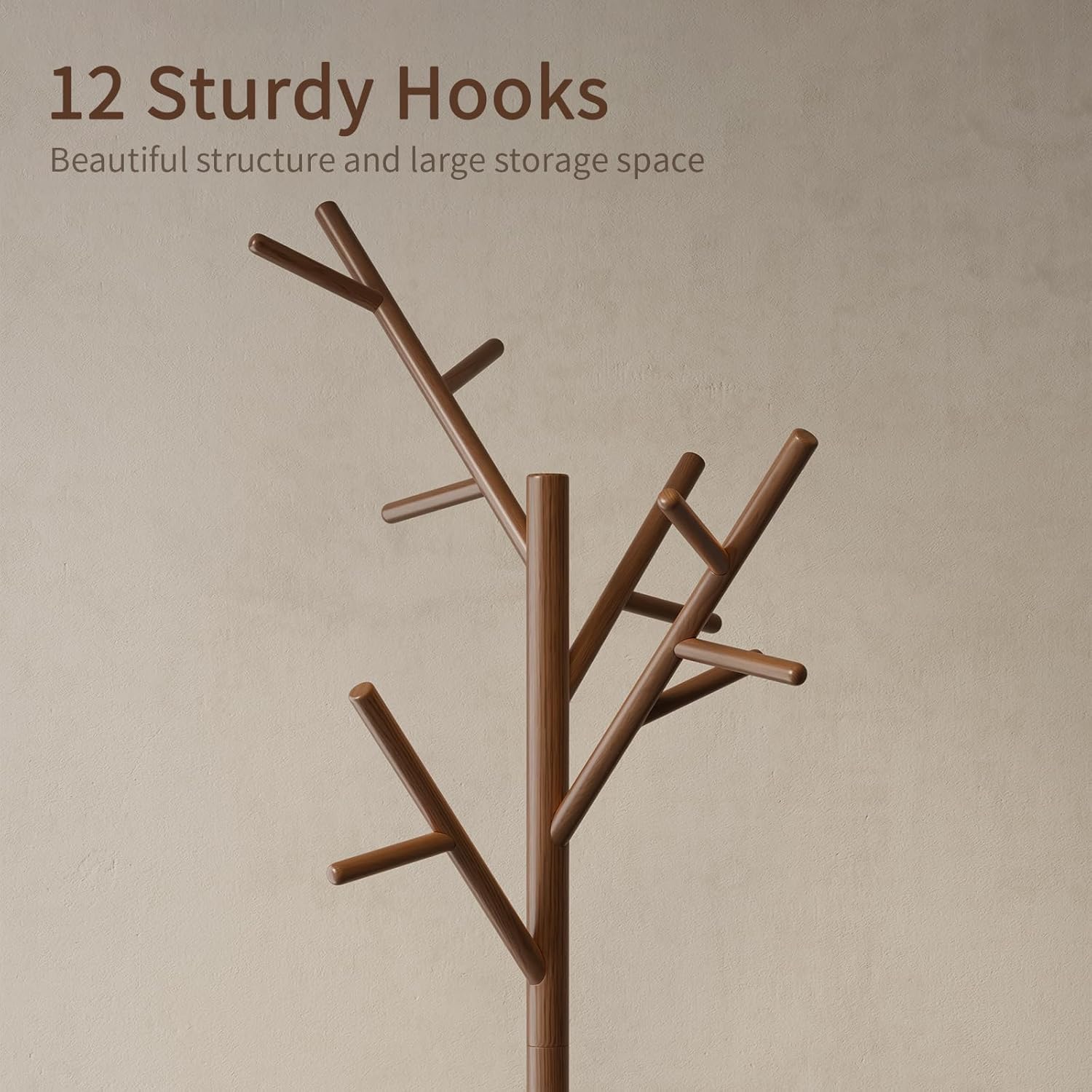 Muwuele Coat Rack, Solid Wood Coat Rack Freestanding With 12 Hooks, Coat Tree Freestanding Heavy Duty 3 Adjustable Heights For Coat, Hats, Handbags, Coat Hanger Stand For Entryway, Bedroom, Walnut