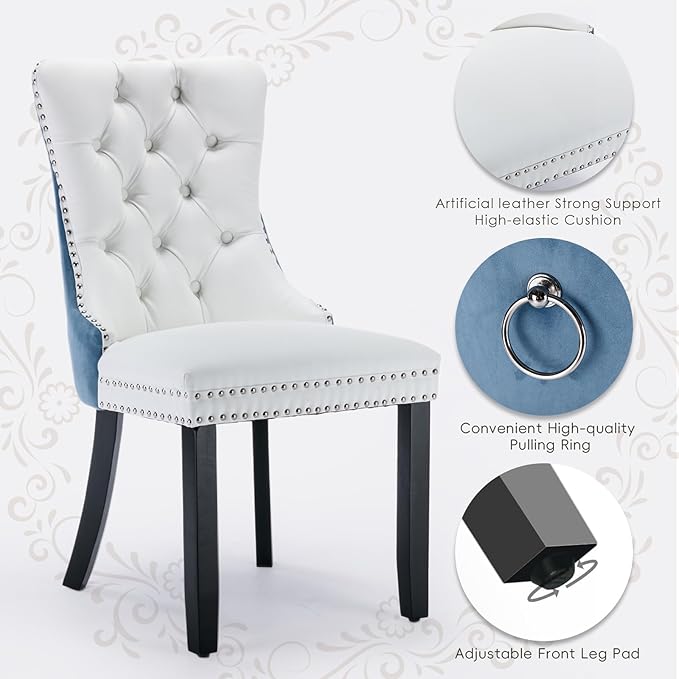 Leather Upholstered Dining Chairs Set of 6, Modern Style Kitchen Side Chairs with Nailhead Trim and Wood Leg, Metal Pulling Ring for Dining Room Living Room(White&Blue,Set of 6)