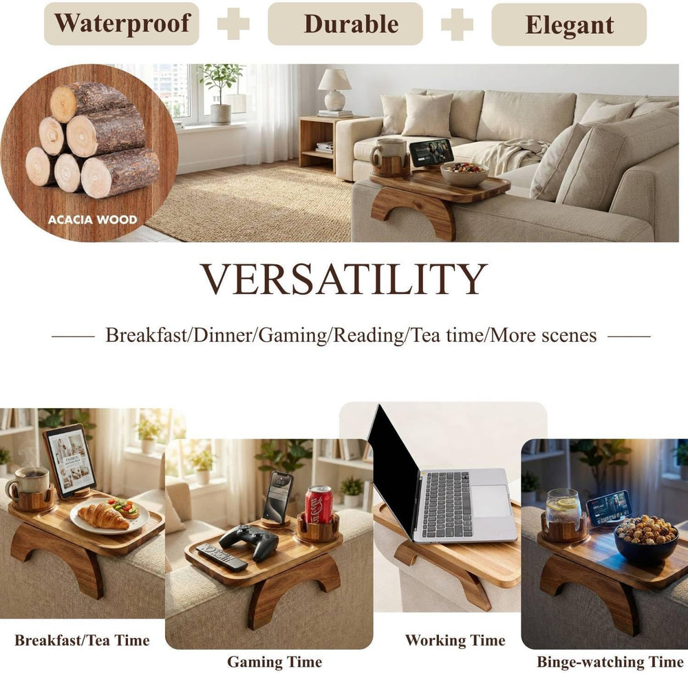 Couch Armrest Table, Acacia Wood Sofa Arm Tray with 360° Rotating Phone &...