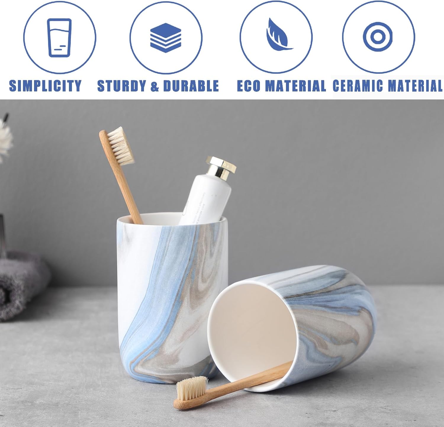 Blue Marble Toothbrush Holders - Ceramic Toothbrush Holders for Bathrooms, Toothbrush Toothpaste Holders, Marble Bathroom Tumbler Cups Reusable Toothbrush Mouthwash Cup, Bathroom Counter Organizer