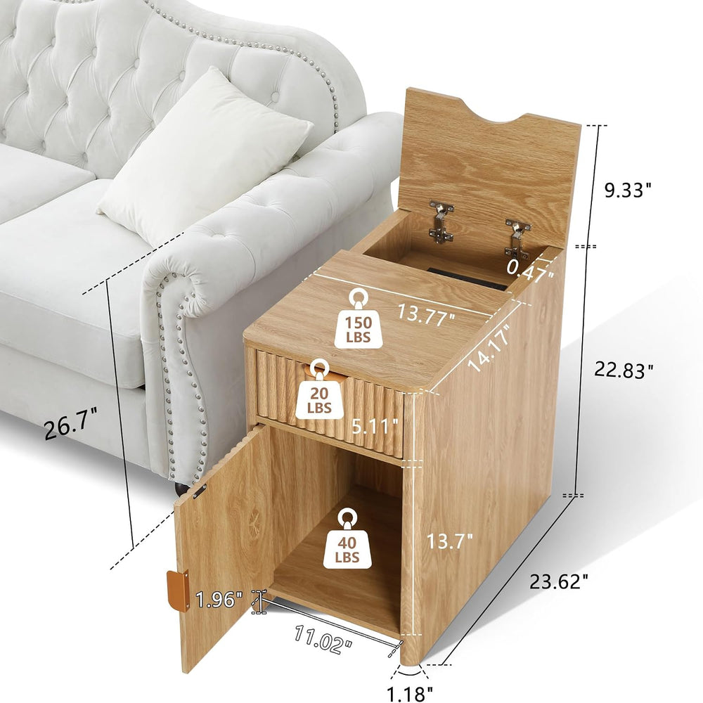 Fluted Narrow End Table with Charging Station, Boho Side Table with Drawer St...
