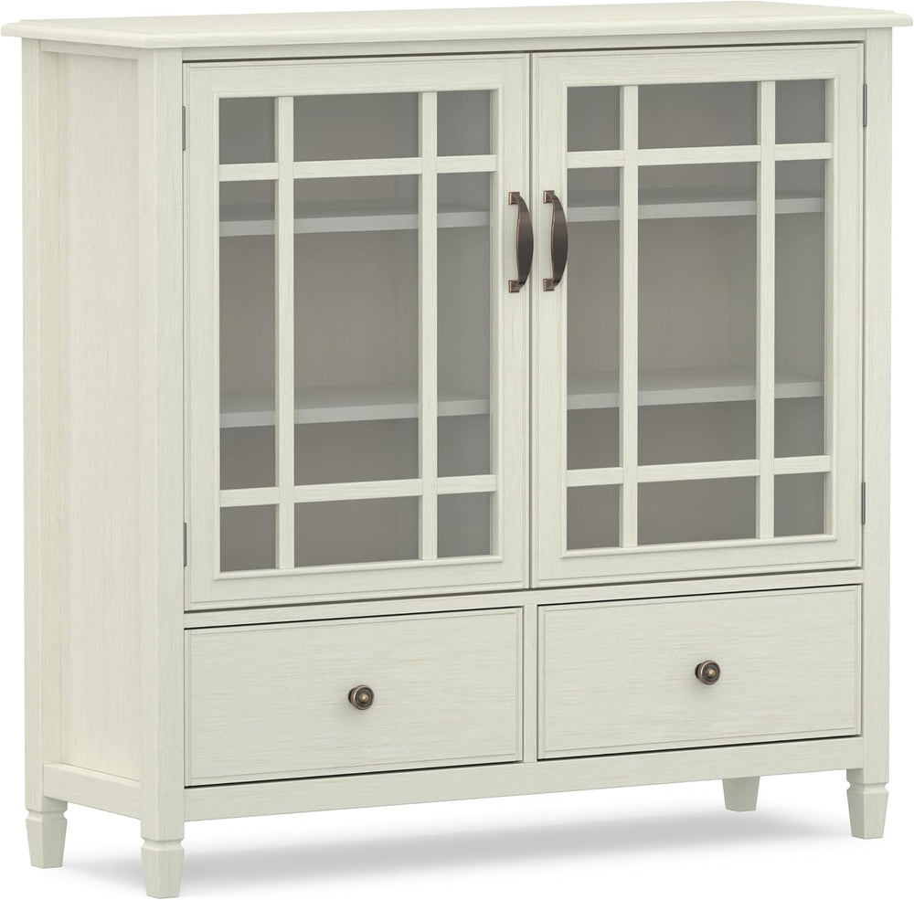 SIMPLIHOME Connaught 46" Wide Solid Wood Tall Cabinet in Antique White