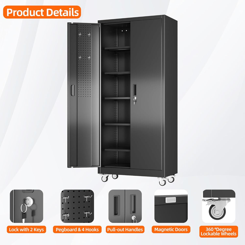 SUXXAN 71" Metal Storage Cabinet with Wheels, Pegboard, Lock, 5 Shelves ...