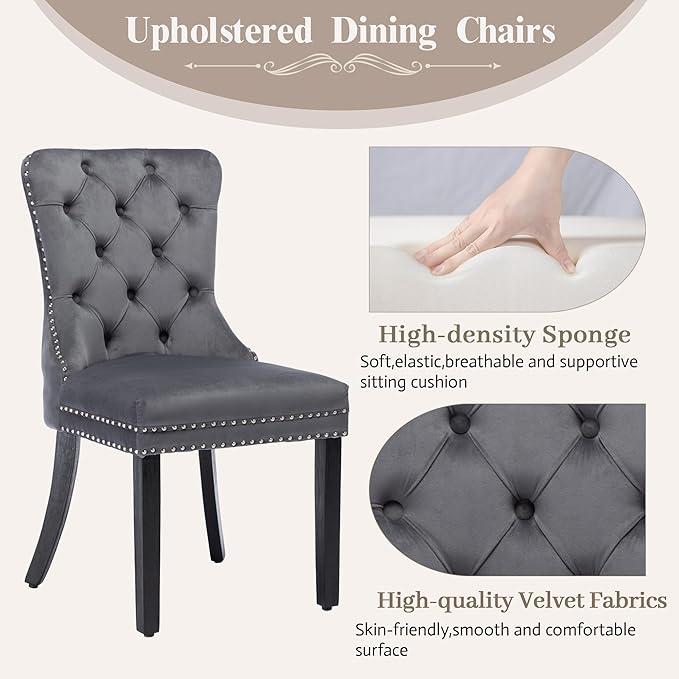 KCC Velvet Dining Chairs Set of 2, Upholstered High-end Tufted Dining Room Chair with Nailhead Back Ring Pull Trim Solid Wood Legs, Nikki Collection Modern Style for Kitchen, Grey