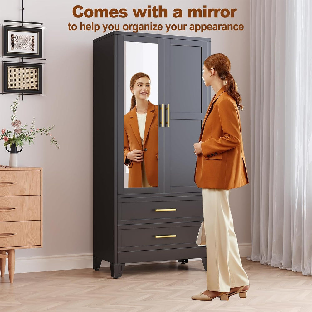 RIETERN Metal Armoire Wardrobe Closet, 71" Tall Bedroom Closet with Mirr...