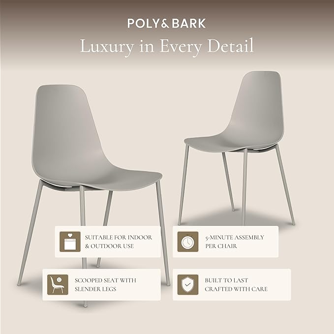 Poly & BARK Isla Modern Kitchen Chairs Set of 4 - Plastic Dining Chair with Metal Legs - Quick Assembly Simple Cafe Chairs Plastic for Indoor or Outdoor - Feather Grey
