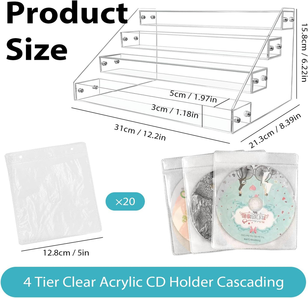 4-tier clear acrylic cascading CD holder, DVD/CD display stand, storage box, and vinyl record shelf. Holds up to 32 standard CD cases and includes 20 CD/DVD sleeves for organized media storage.