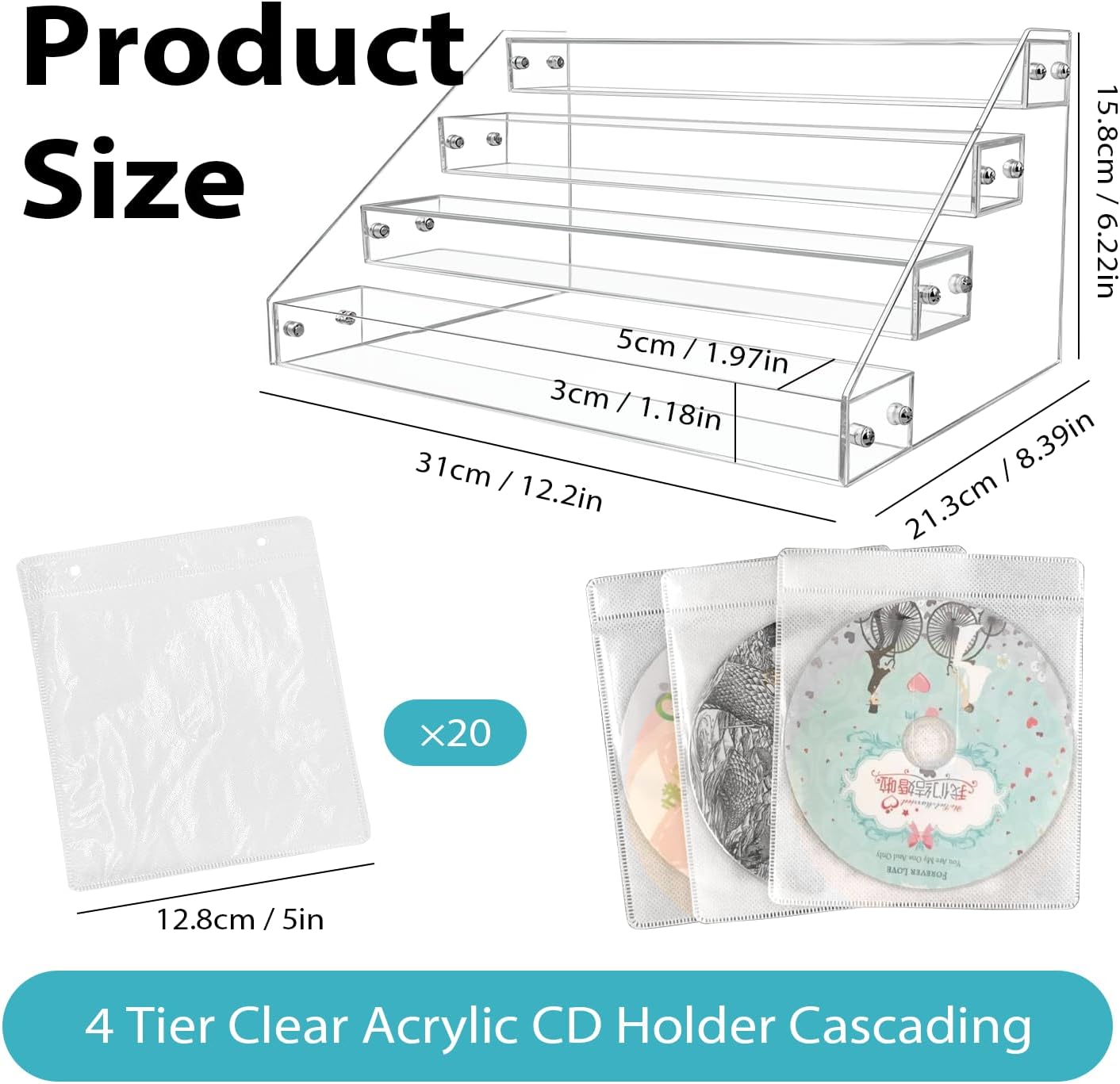 4-tier clear acrylic cascading CD holder, DVD/CD display stand, storage box, and vinyl record shelf. Holds up to 32 standard CD cases and includes 20 CD/DVD sleeves for organized media storage.