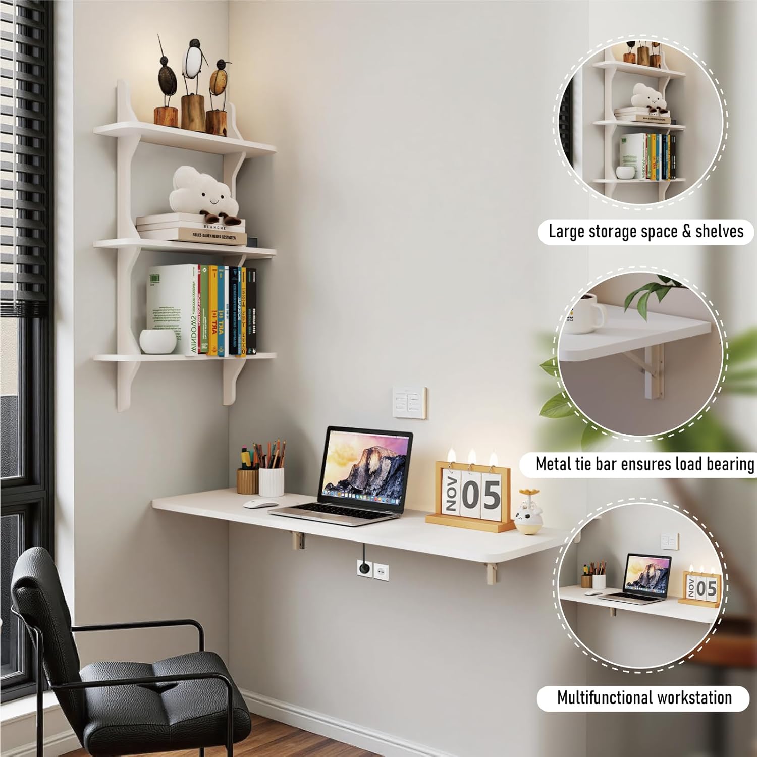 Pmnianhua Wall Mounted Folding Table, 31'' Floating Laptop Desk with Shelves, Foldable Drop Leaf Table, Wall Mount Fold Down Table for Laundry Room Kitchen Bar Home Office Small Space(White)