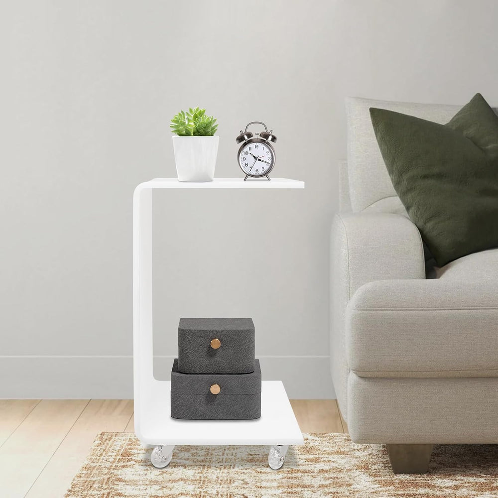 Modern Acrylic Side Table with Wheels, 14.1x13.4x21.6in Movable C-Shaped End ...