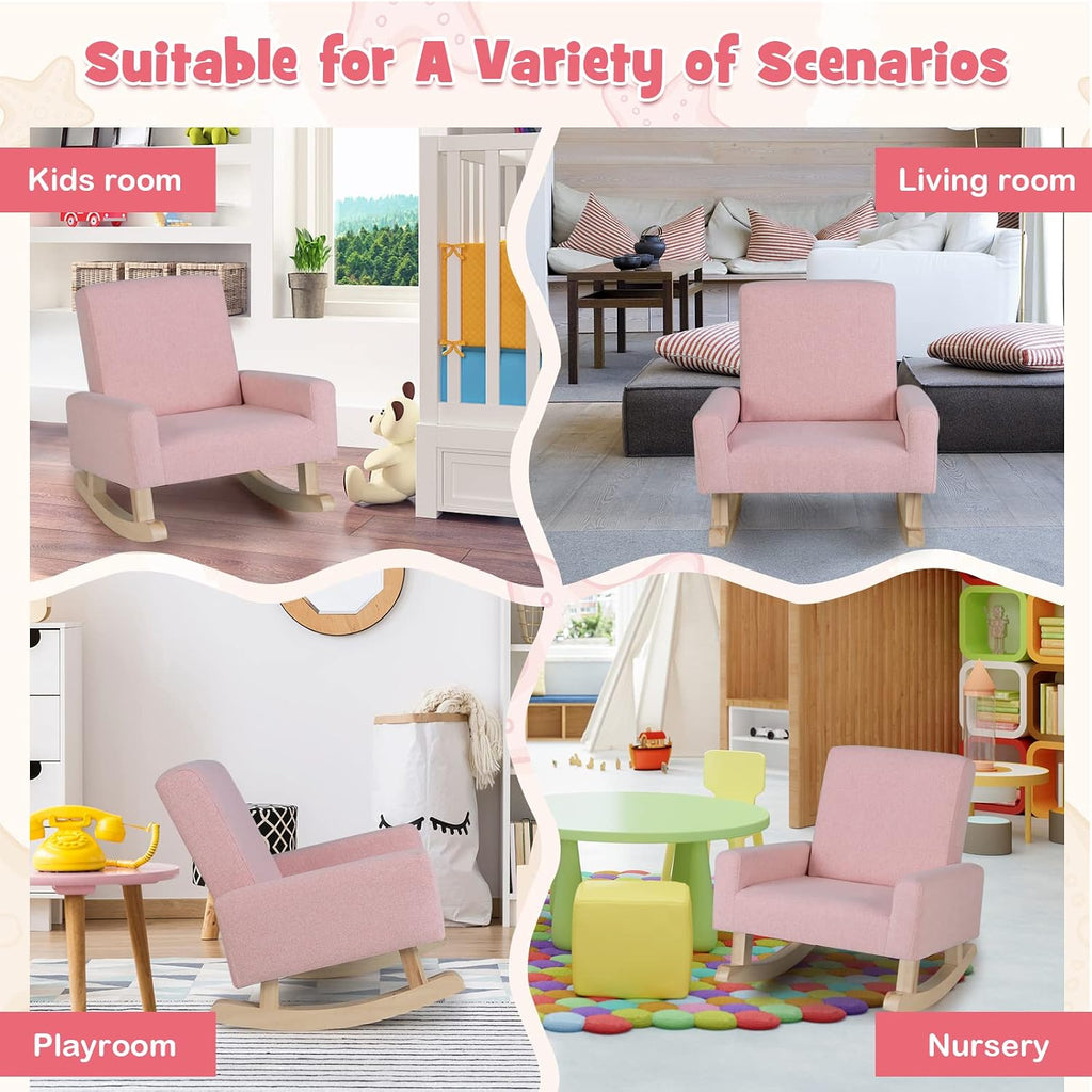 GLACER Toddler Rocking Chair, Fabric Kids Rocker w/Solid Wooden Frame & Non-Slip Mat, Anti-Tipping Design, Comfy Indoor Sofa for Living Room, Playroom, Bedroom (Pink)