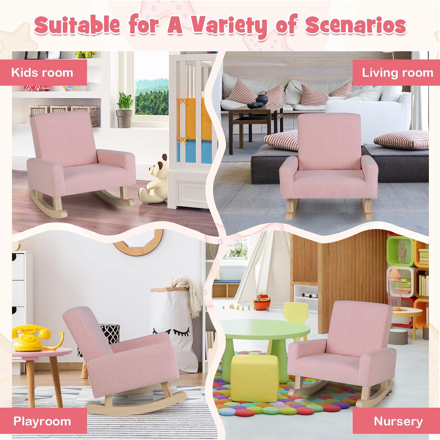GLACER Toddler Rocking Chair, Fabric Kids Rocker w/Solid Wooden Frame & Non-Slip Mat, Anti-Tipping Design, Comfy Indoor Sofa for Living Room, Playroom, Bedroom (Pink)