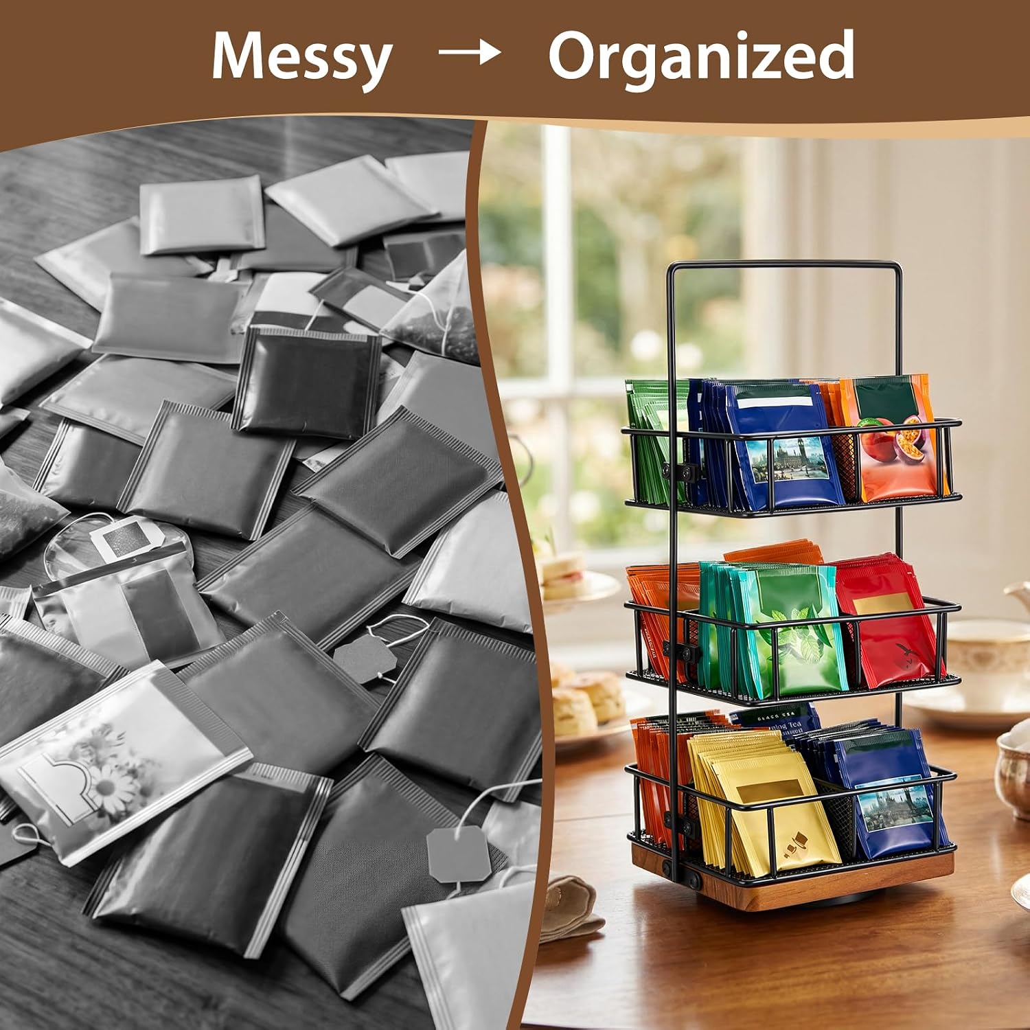 3 Tier Rotating Tea Bag Organizer, Iron and Acacia Wood 360°Spinning Carousel 150 Teabags Holder with Handle for Easy Moving, 12 Compartment Caddy for Pantry Kitchen Office Gift Giving(No Assembly)