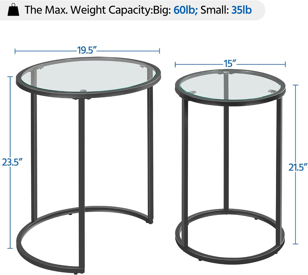 Yaheetech Round Nesting Side Tables Set of 2 with Tempered Glass Top, Black |...