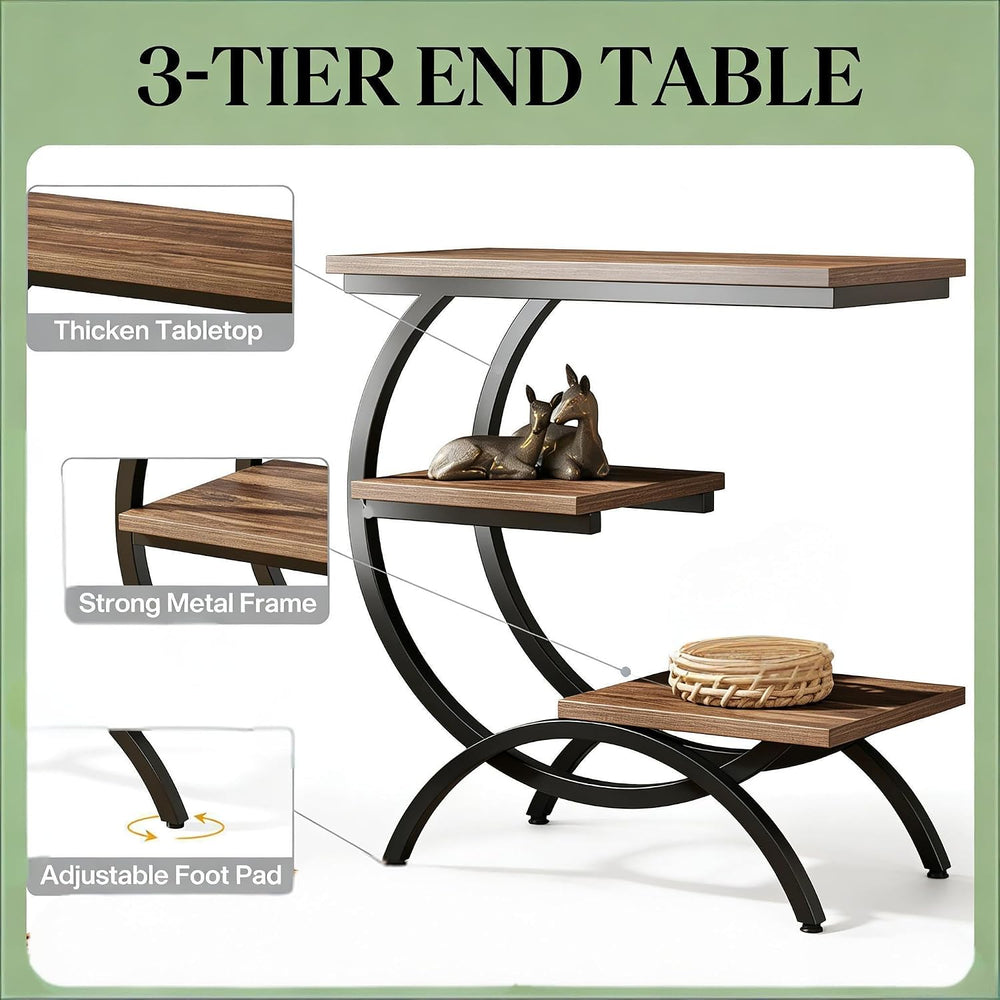 C-Shaped End Table, Narrow End Table with 3 Storage Shelves, 3-Tier Small Sid...