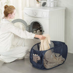 HONOMA Sturdy Mesh Laundry Hamper Basket Bag,Pop up Basket with Side Pocket for Laundry Room, Bathroom, Kids Room, College Dorm or Travel (Pop Horizontal, Grey + Grey)