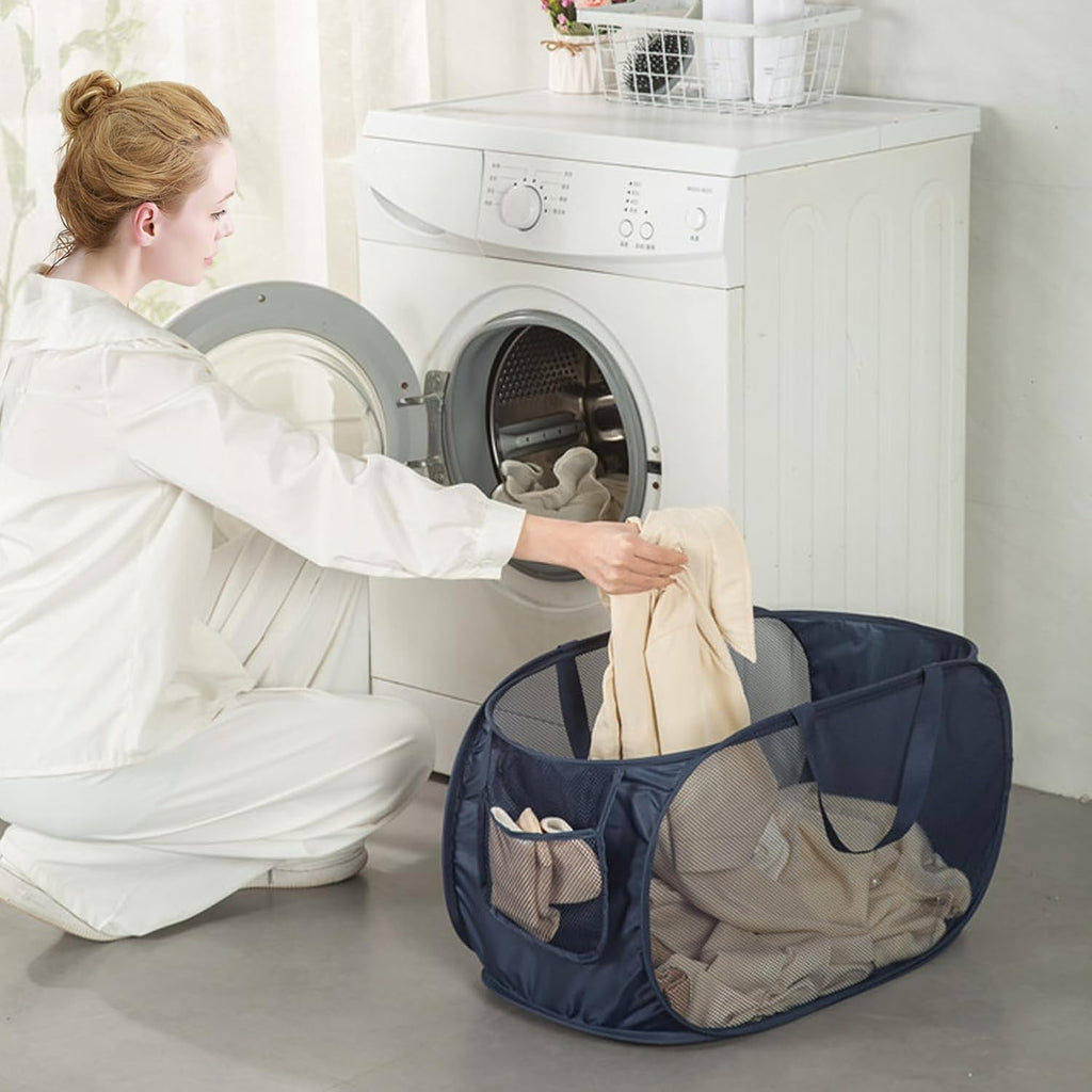 HONOMA Sturdy Mesh Laundry Hamper Basket Bag,Pop up Basket with Side Pocket for Laundry Room, Bathroom, Kids Room, College Dorm or Travel (Pop Horizontal, Beige)